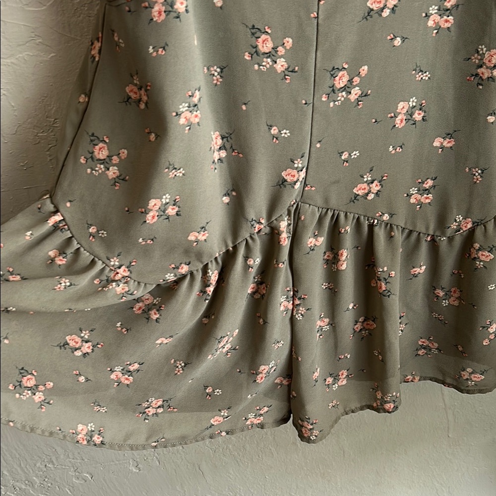 olive green and pink floral romper with ruffle hem - Picture 3 of 11
